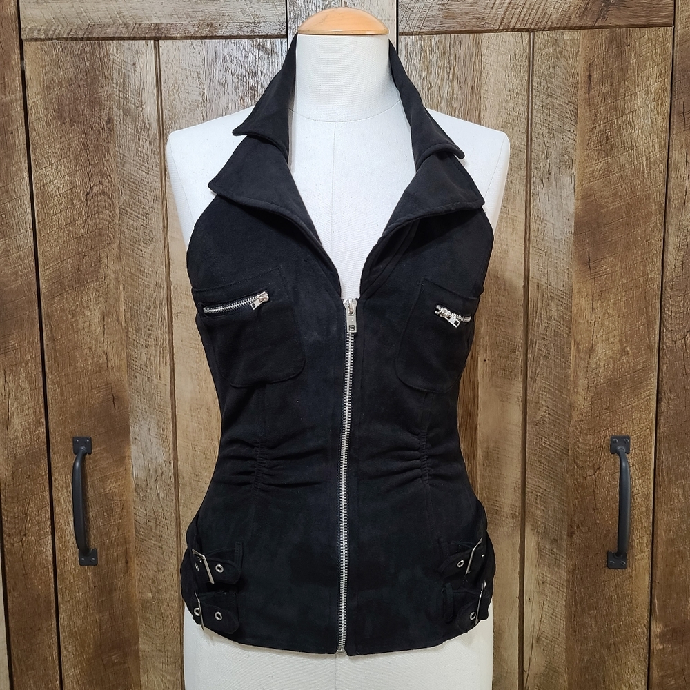 *SOLD* Black Sexy Halter Top Velvet Feel Stretchy Full Zip - Picture 2 of 8